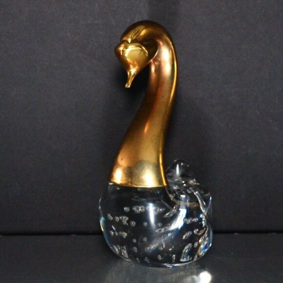 Vintage Brass And Bubble Glass Swan Figure Room Accent Paperweight MCM - Picture 4 of 5